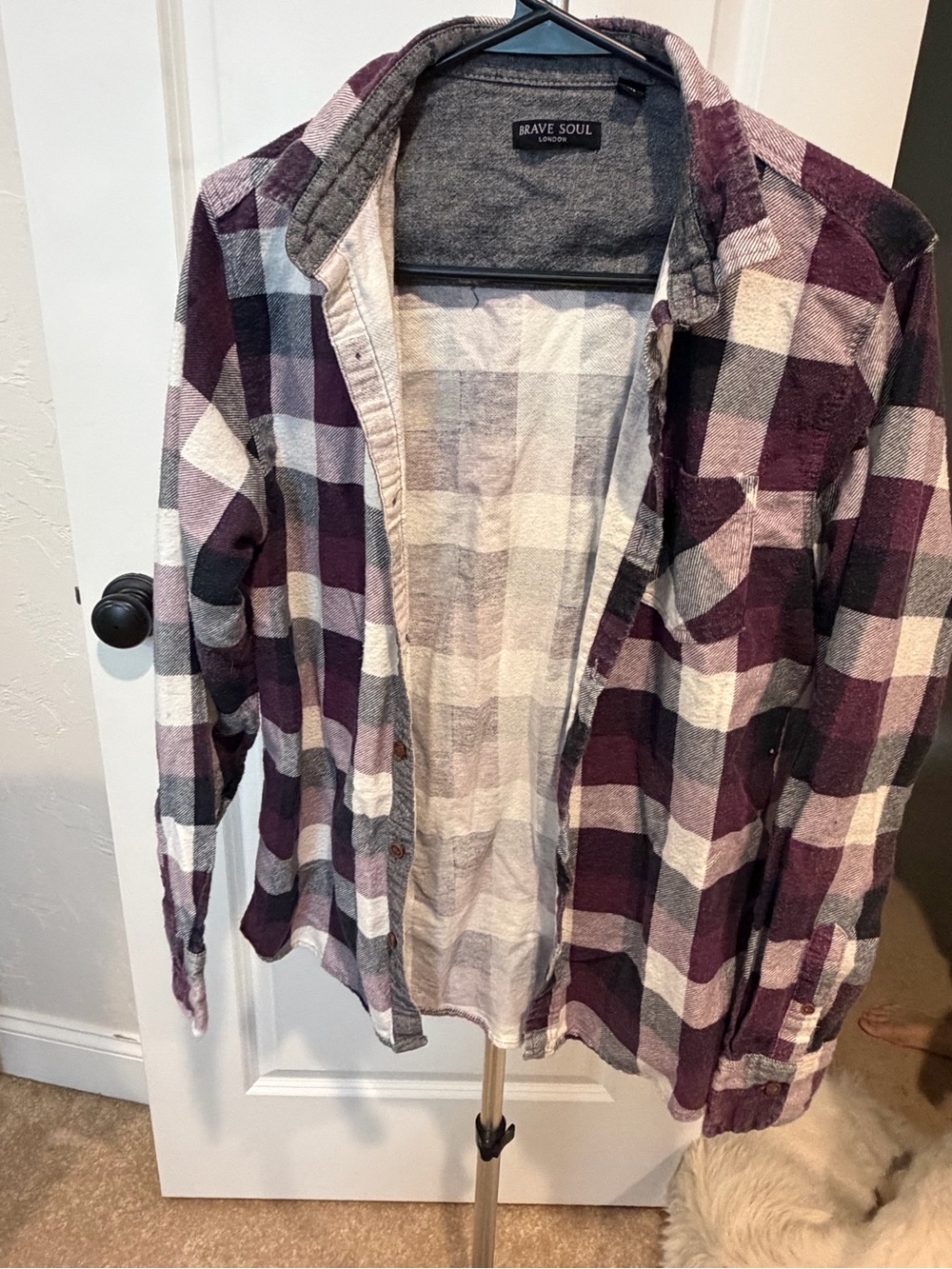 Brave Soul Men's Purple and Gray Plaid Button-Down Shirt